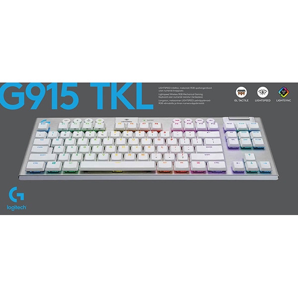 Tastatura Gaming Wireless mecanica LOGITECH G915 TKL Tactile, Bluetooth, USB, Layout US INT, alb