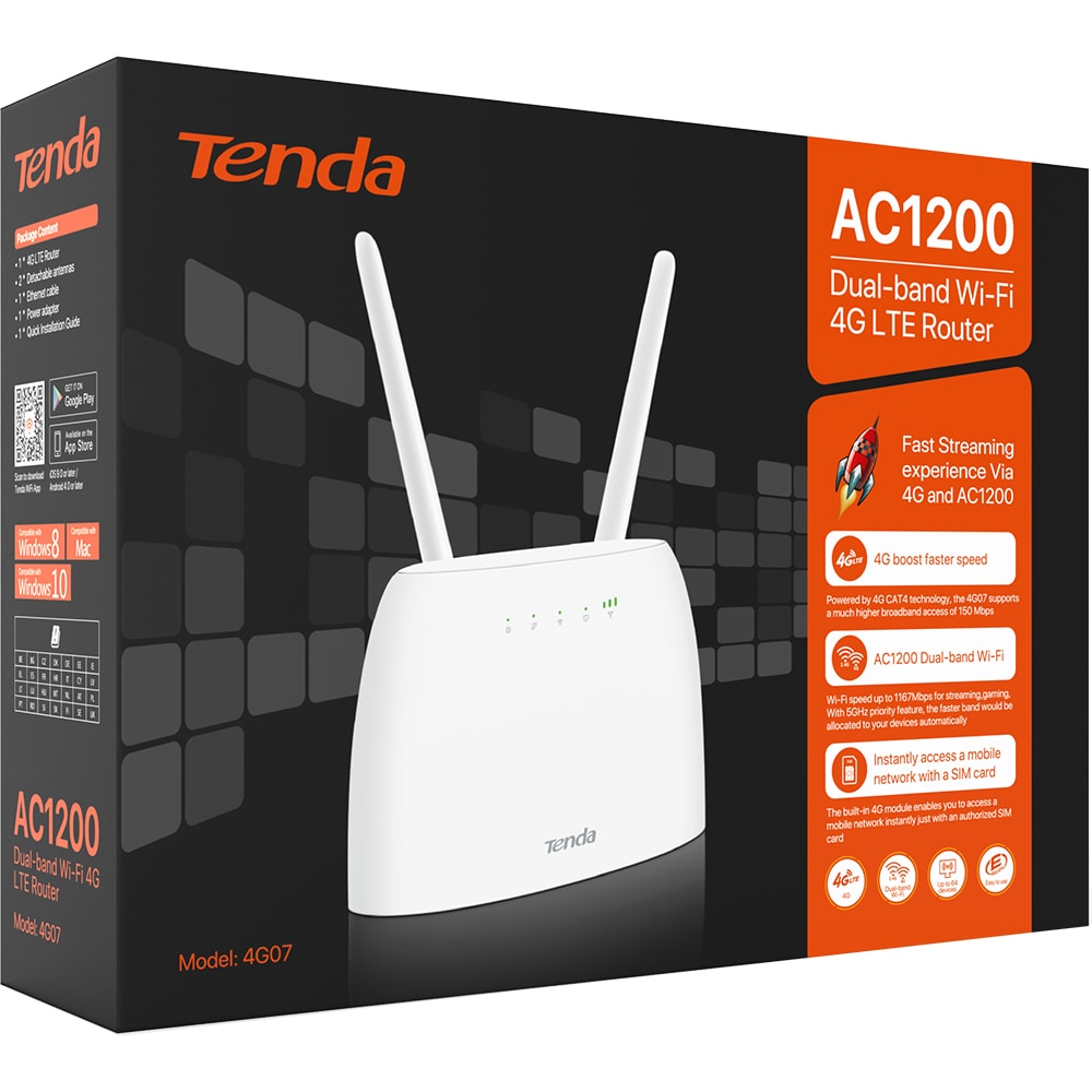 Router Wireless TENDA 4G07 AC1200, Dual Band 300 + 867 Mbps, 4G LTE, alb