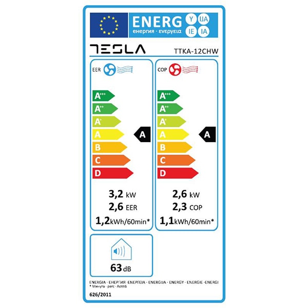 Aer conditionat portabil TESLA TTKA-12CHW, 12000 BTU, A, Incalzire, WI-FI, Dezumidificare, alb