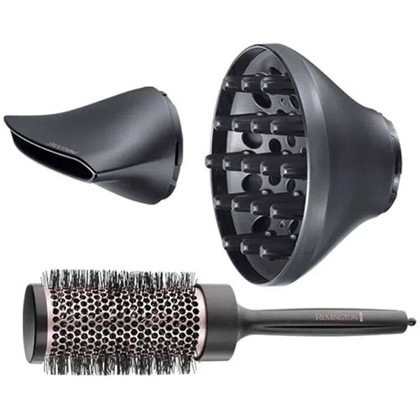 Uscator de par REMINGTON Curl & Straight Confidence Hairdryer D5706 + perie de par pentru coafare, 2200W, 3 viteze, 2 trepte de temperatura, negru-auriu
