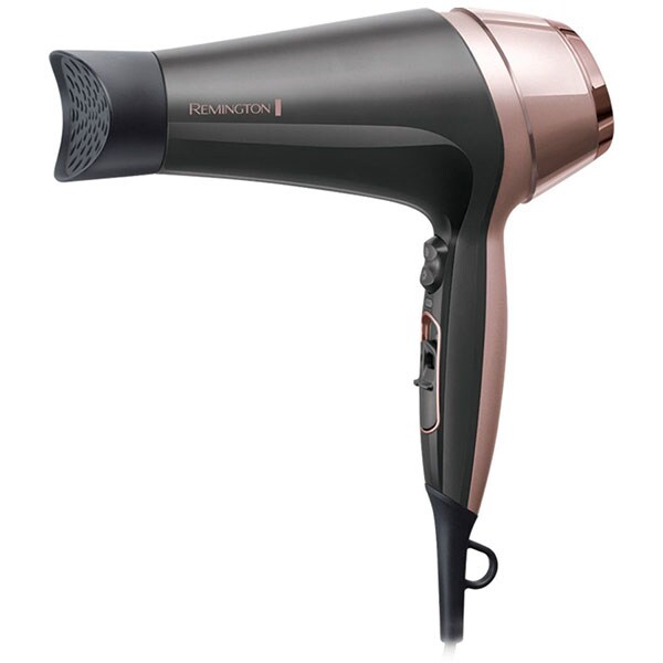 Uscator de par REMINGTON Curl & Straight Confidence Hairdryer D5706 + perie de par pentru coafare, 2200W, 3 viteze, 2 trepte de temperatura, negru-auriu