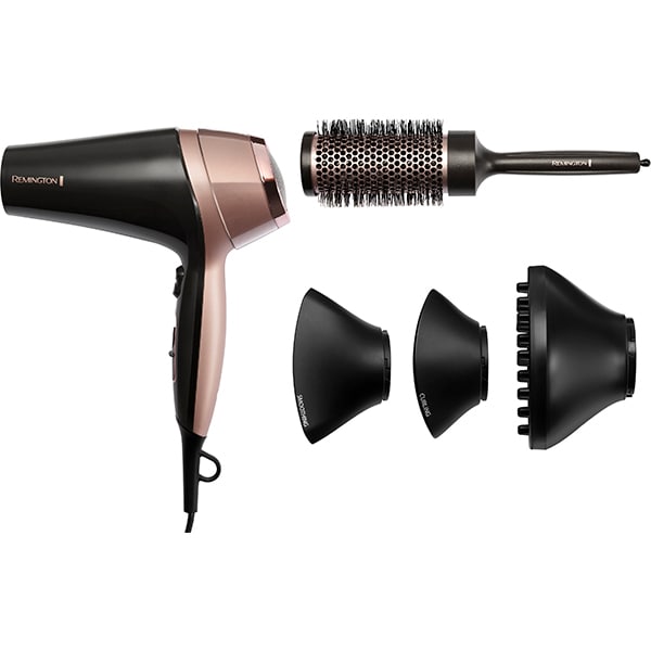Uscator de par REMINGTON Curl & Straight Confidence Hairdryer D5706 + perie de par pentru coafare, 2200W, 3 viteze, 2 trepte de temperatura, negru-auriu