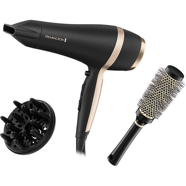 Set REMINGTON D6940GP: Uscator de par 2100W, 2 viteze, 3 trepte temperatura, negru + Perie de par
