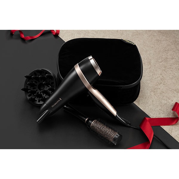 Set REMINGTON D6940GP: Uscator de par 2100W, 2 viteze, 3 trepte temperatura, negru + Perie de par