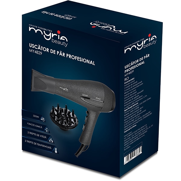 Uscator de par MYRIA MY4829, 2200W, 2 viteze, 3 trepte temperatura, negru