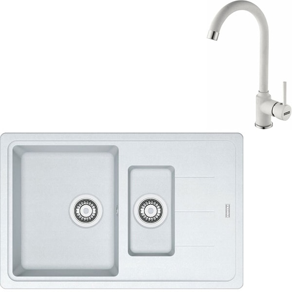 Pachet chiuveta FRANKE BFG 651-78, 1 1/2 cuve, picurator reversibil, granit + baterie Pola, alb