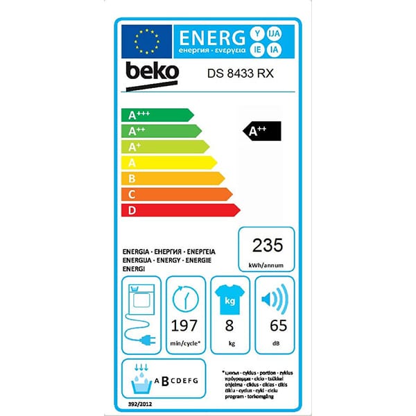Uscator de rufe BEKO DS8433RX, Pompa de caldura, 8kg, 16 programe, Clasa A++, alb