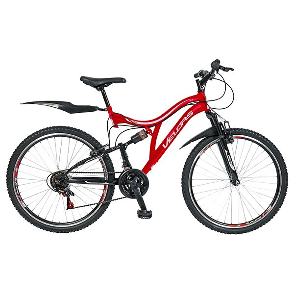 Bicicleta Mountain Bike-HT VELORS V2459A, 24", Full Suspension, cadru otel, rosu - alb
