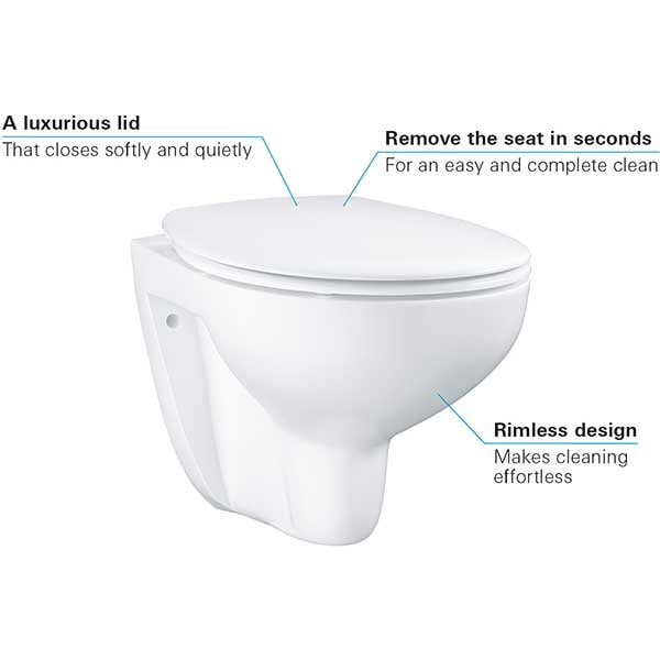 Set vas WC GROHE Bau Ceramic 39351000, montaj suspendat, evacuare orizontala, cu capac, alb