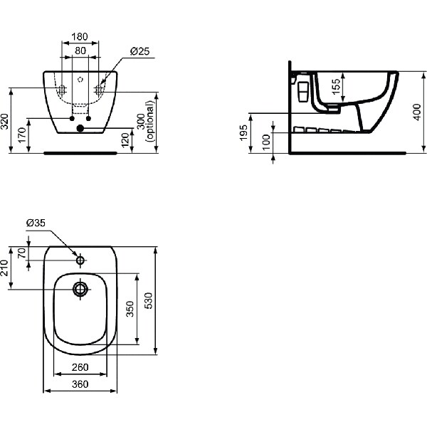 Bideu IDEAL STANDARD Tesi T355201, montaj suspendat, evacuare spate, alb