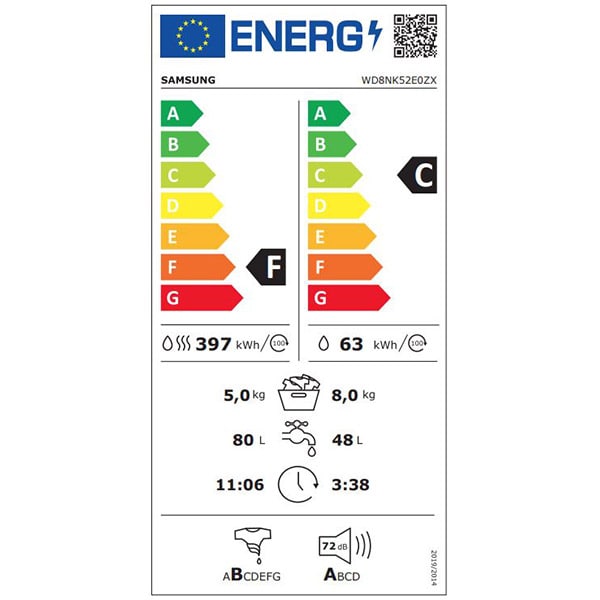 Masina de spalat rufe frontala slim cu uscator SAMSUNG WD8NK52E0ZX/LE, 8/5 kg, 1200 rpm, Clasa C/F, inox