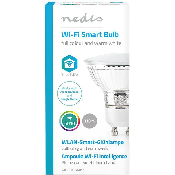 Bec LED Smart NEDIS WIFILC10CRGU10, GU10, 5W, 330lm, Bluetooth, Dimabil, Wi-Fi, lumina variabila, compatibil Alexa, Google Assistant