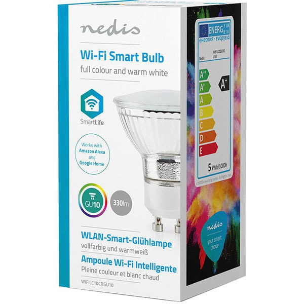 Bec LED Smart NEDIS WIFILC10CRGU10, GU10, 5W, 330lm, Bluetooth, Dimabil, Wi-Fi, lumina variabila, compatibil Alexa, Google Assistant