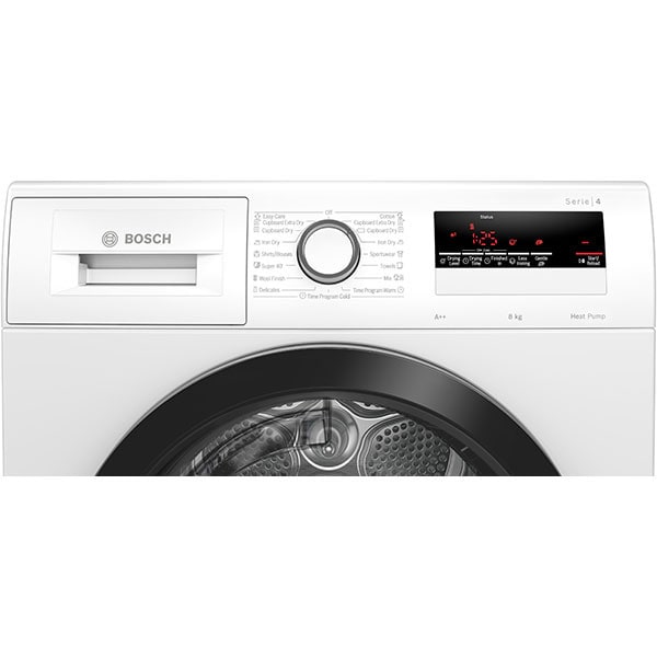 Uscator de rufe BOSCH WTH85204BY, Condensare si pompa de caldura, 8 kg, 16 programe, Clasa A++, alb