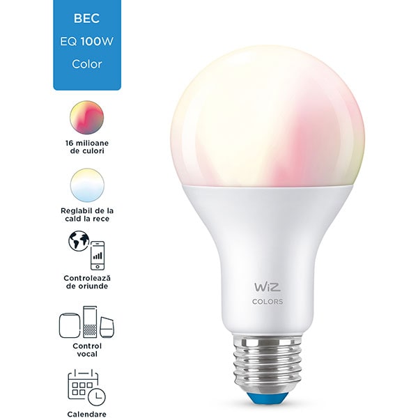 Bec LED Smart WIZ Colors, E27, 13W, 1521lm, Wi-Fi, lumina variabila, compatibil Alexa, Google Assistant