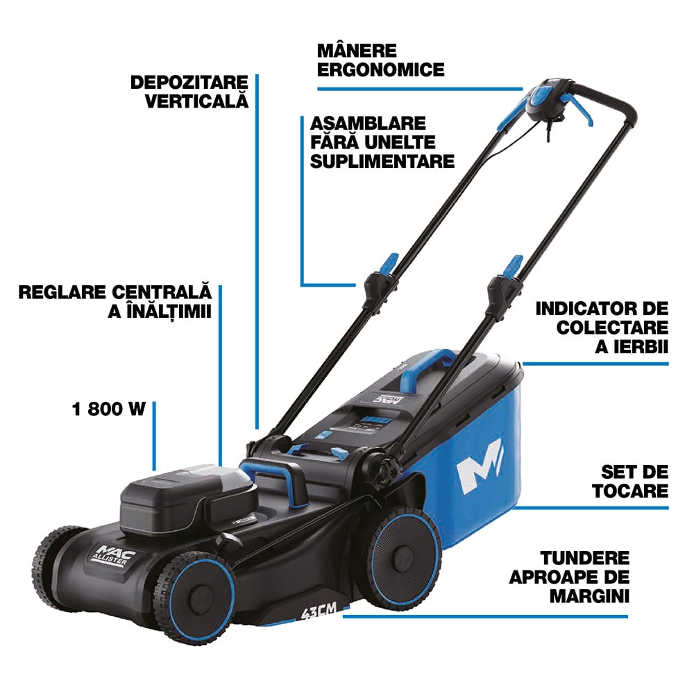 Masina de tuns iarba MAC ALLISTER A021071, Electrica, 1800W, latime taiere 43 cm, cos 50L, negru