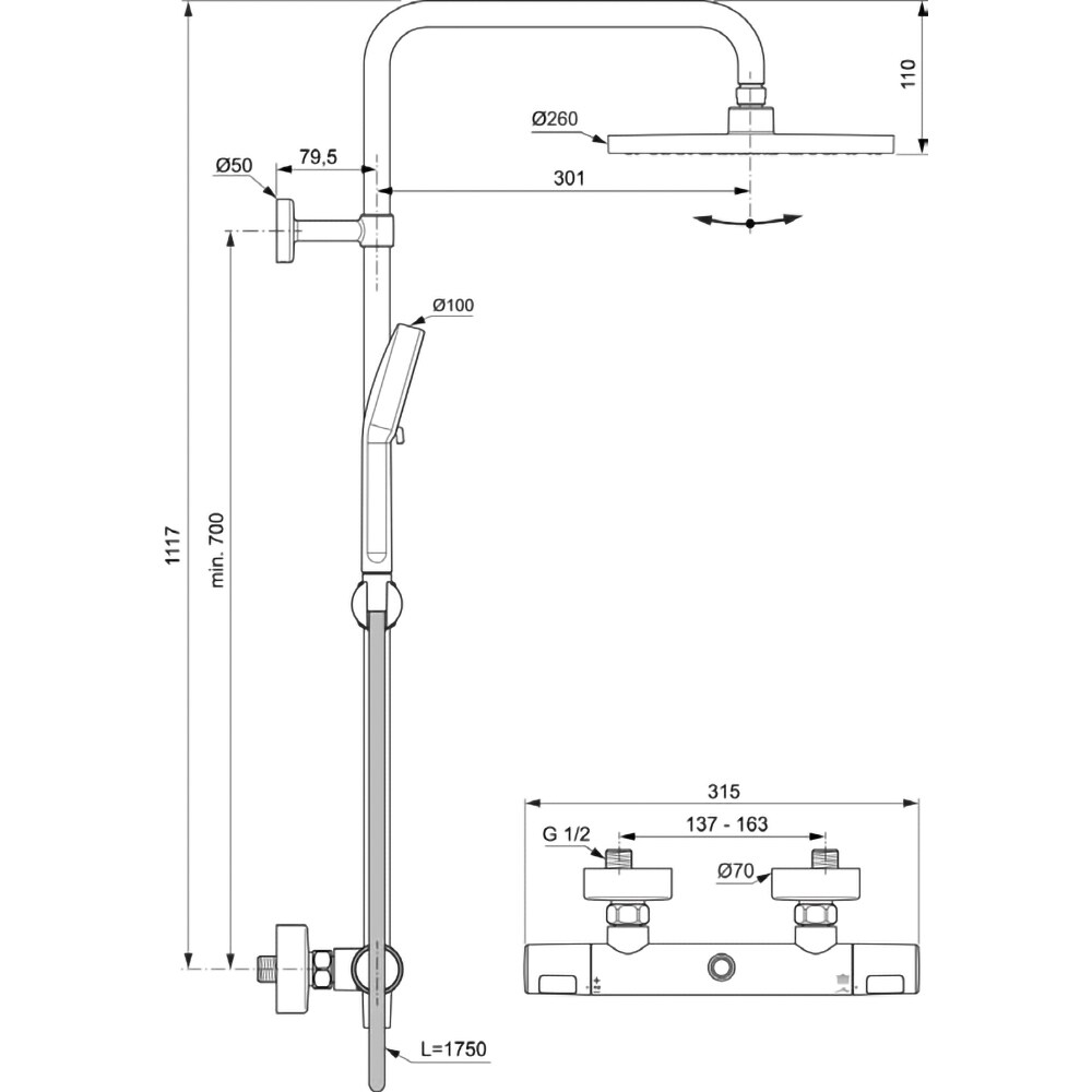 Sistem dus IDEAL STANDARD Ceratherm T25 N A8520AA 26, termostat, 2 functii, crom