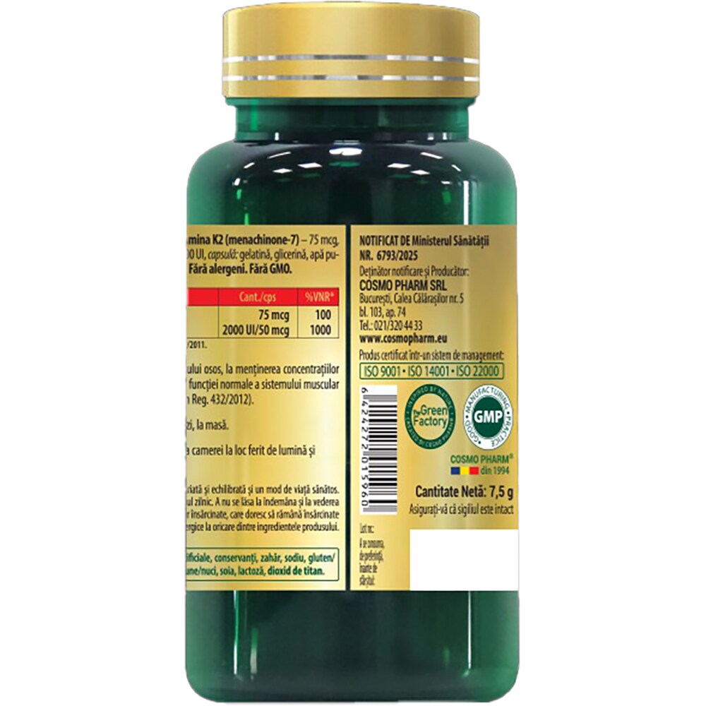 Supliment D3 + K2 (Mk 7), 60 capsule, COSMO PHARM