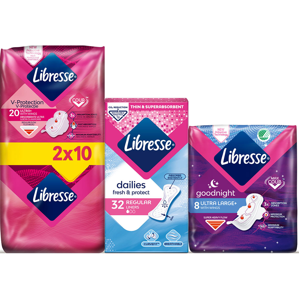 Pachet absorbante LIBRESSE: Ultra, 20buc + Ultra Goodnight, 8buc + Protej-slip Dailies Normal, 32buc