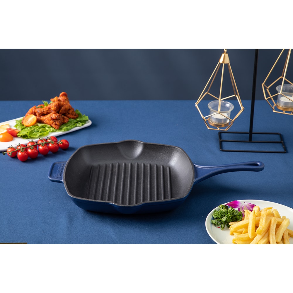 Tigaie grill AMERCOOK Le Pluriel AC0112808.27PE, 27.5cm, fonta, albastru