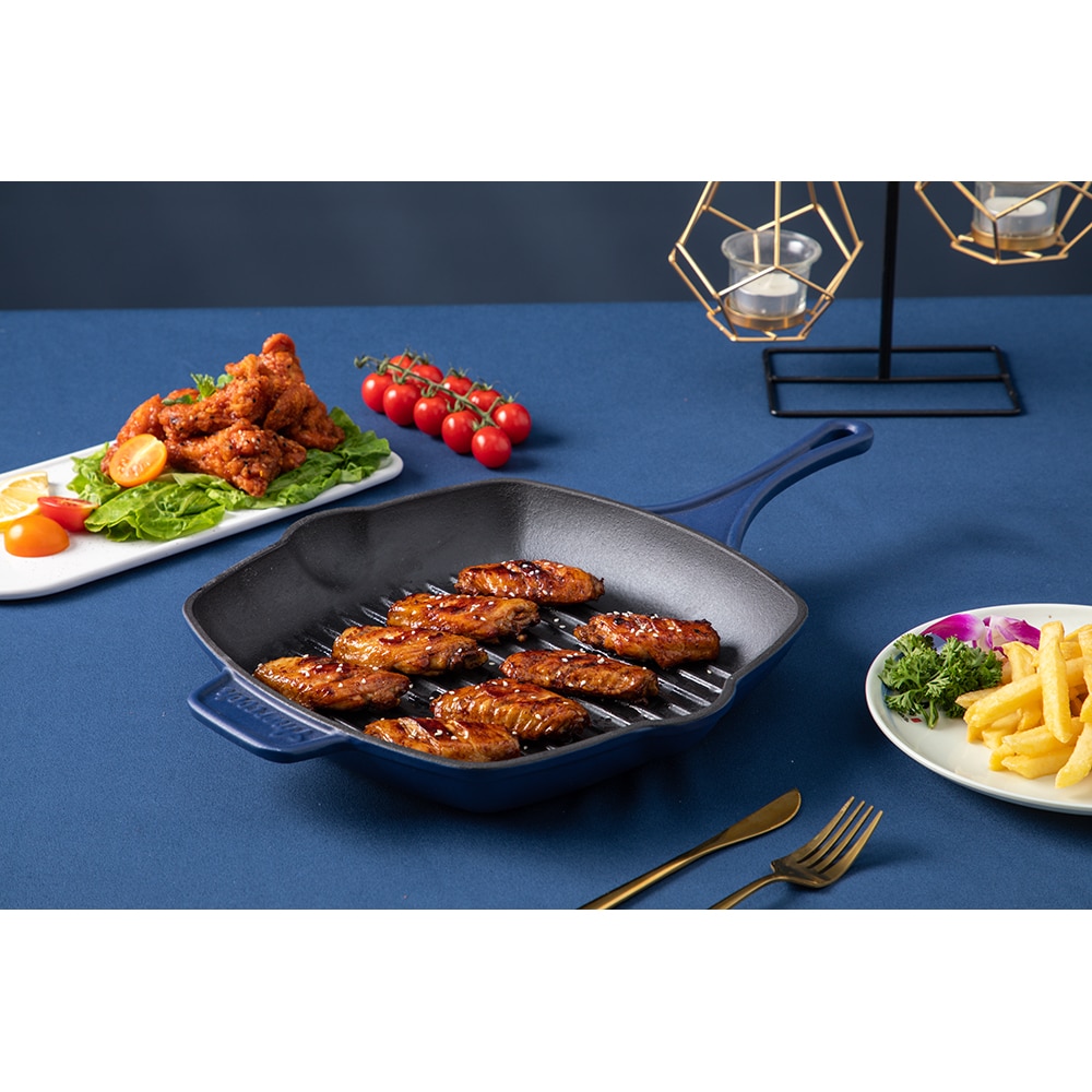 Tigaie grill AMERCOOK Le Pluriel AC0112808.27PE, 27.5cm, fonta, albastru