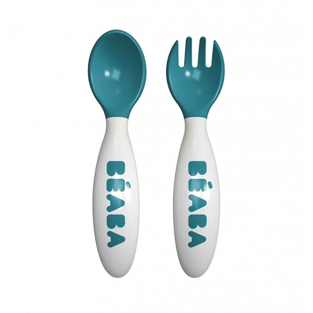 Set lingurita si furculita BEABA B913398, 12 luni+, 2 buc, albastru-alb