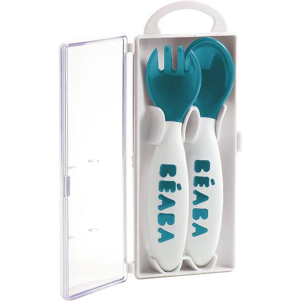 Set lingurita si furculita BEABA B913398, 12 luni+, 2 buc, albastru-alb