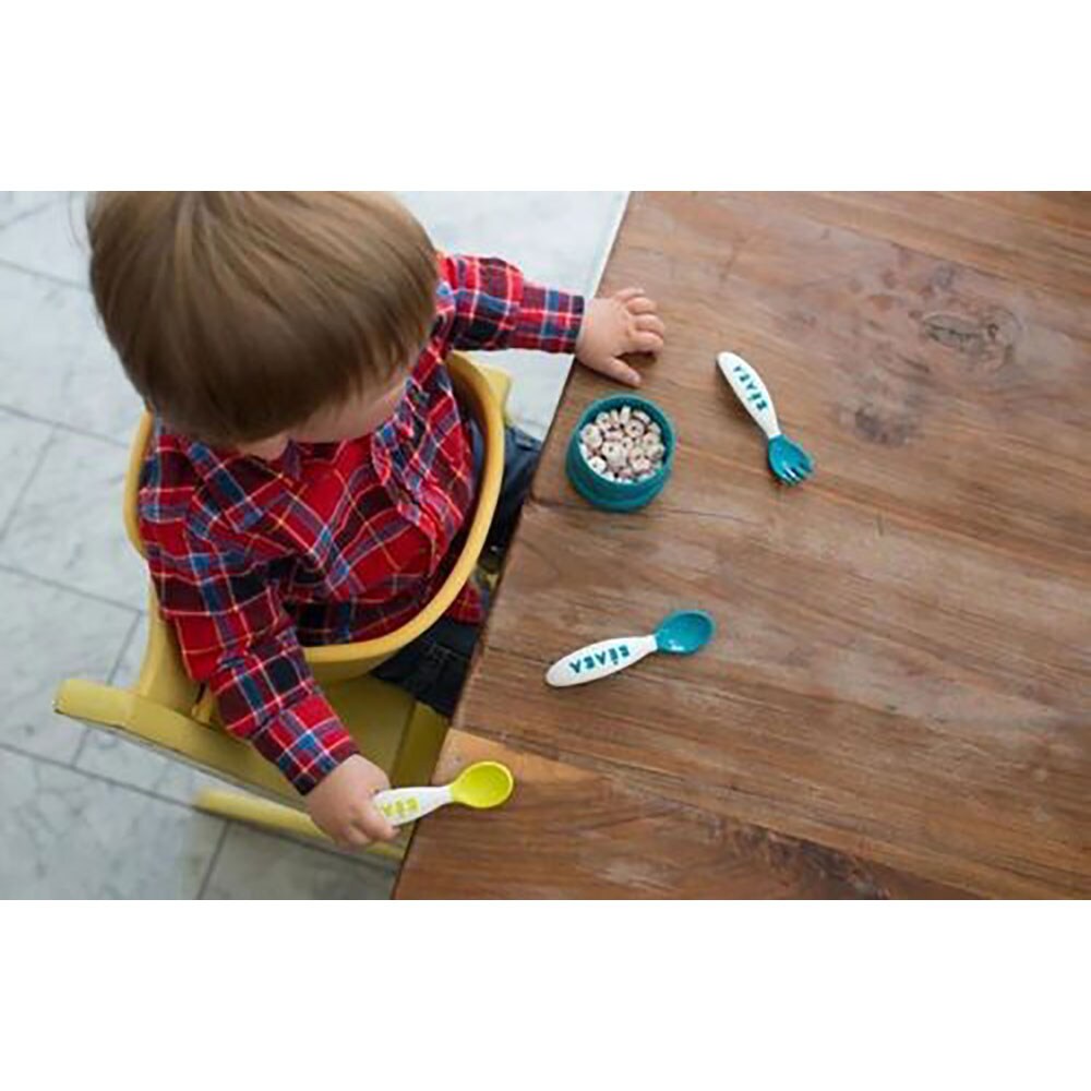 Set lingurita si furculita BEABA B913398, 12 luni+, 2 buc, albastru-alb