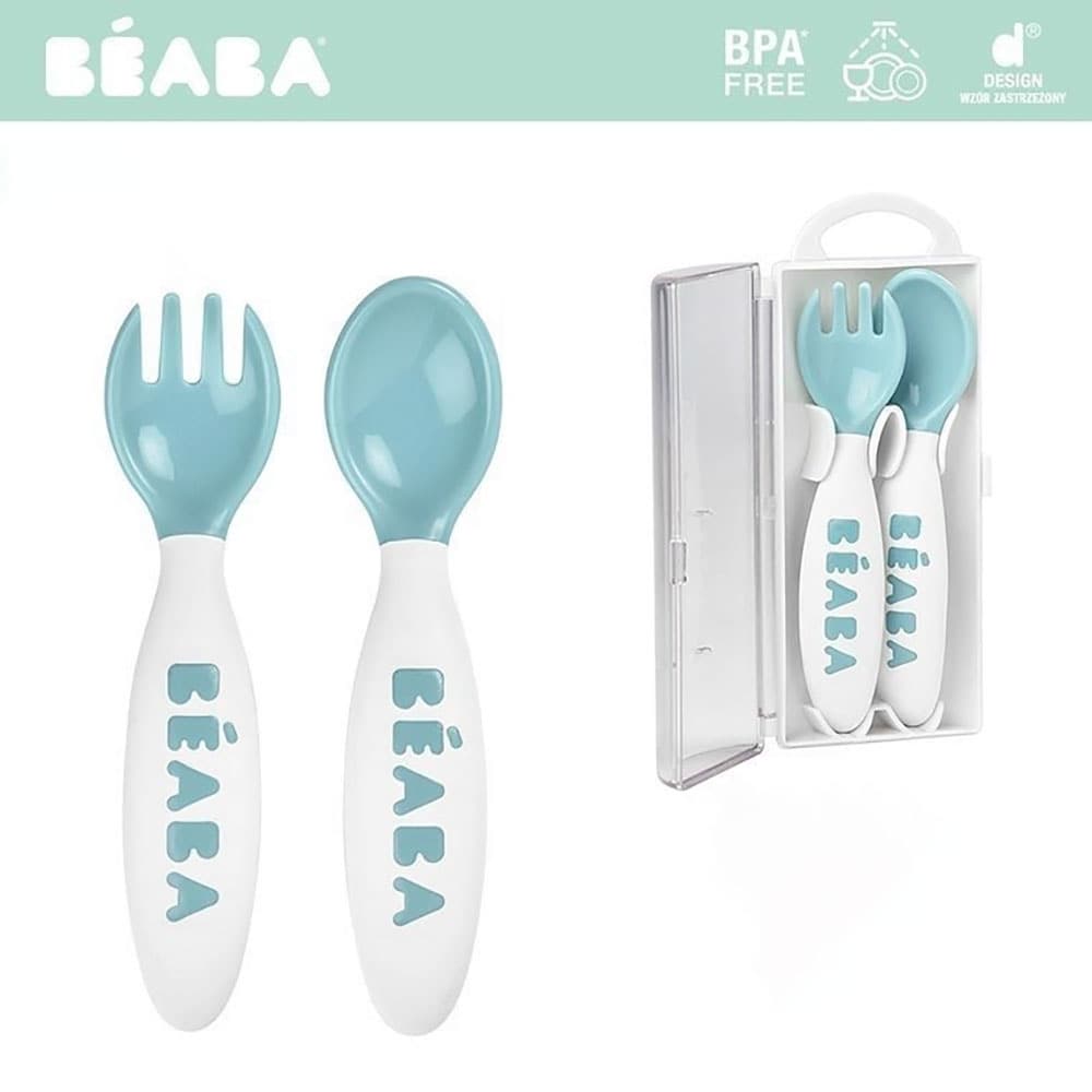 Set lingurita si furculita BEABA B913398, 12 luni+, 2 buc, albastru-alb