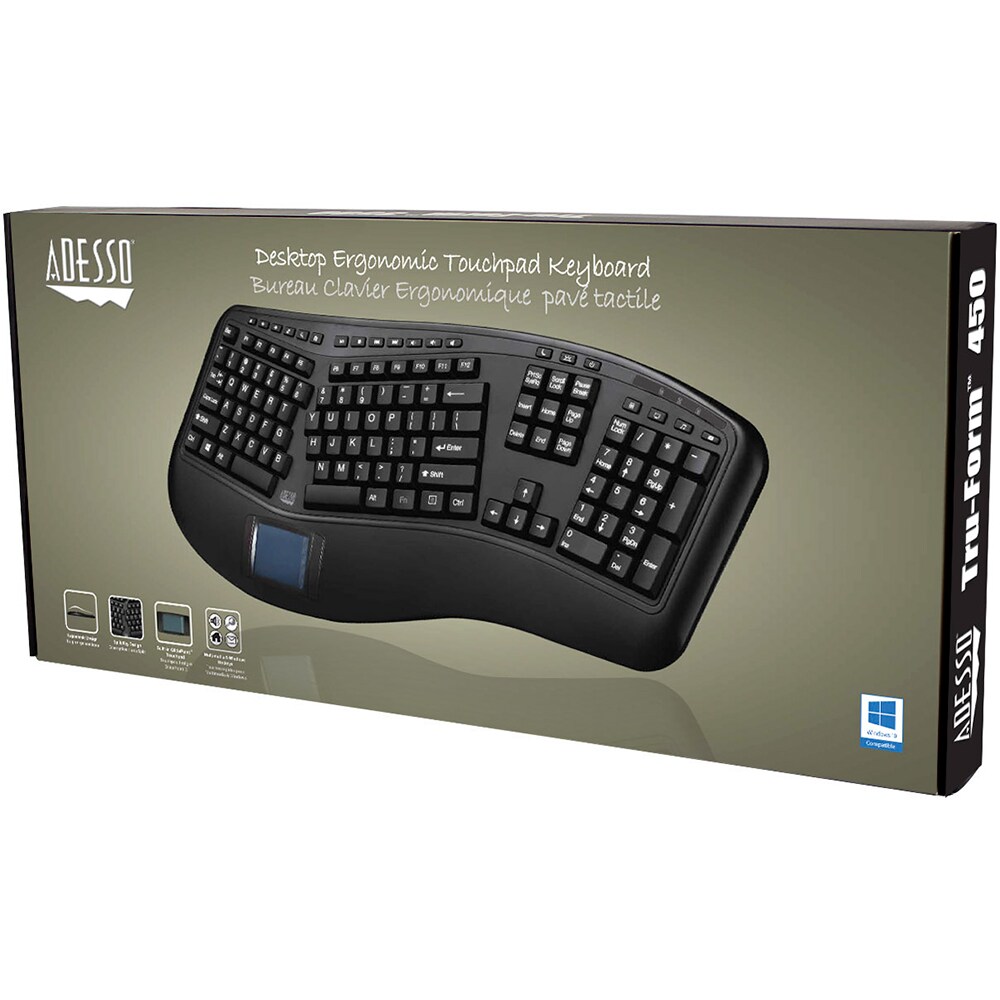 Tastatura cu fir ADESSO Tru-Form Ergonomic Touchpad, USB, Layout US INT, negru
