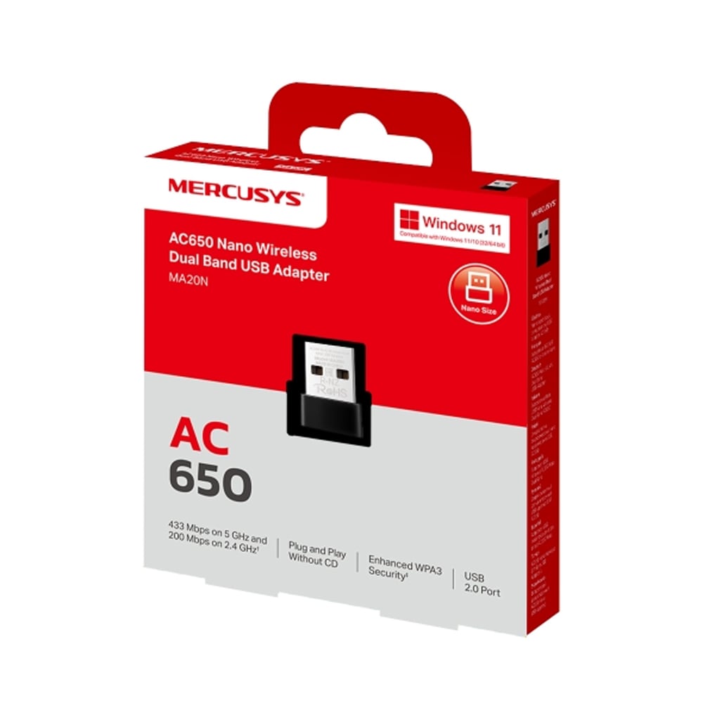 Adaptor USB Wireless MERCUSYS MA20N, Dual Band 200 + 433 Mbps, negru