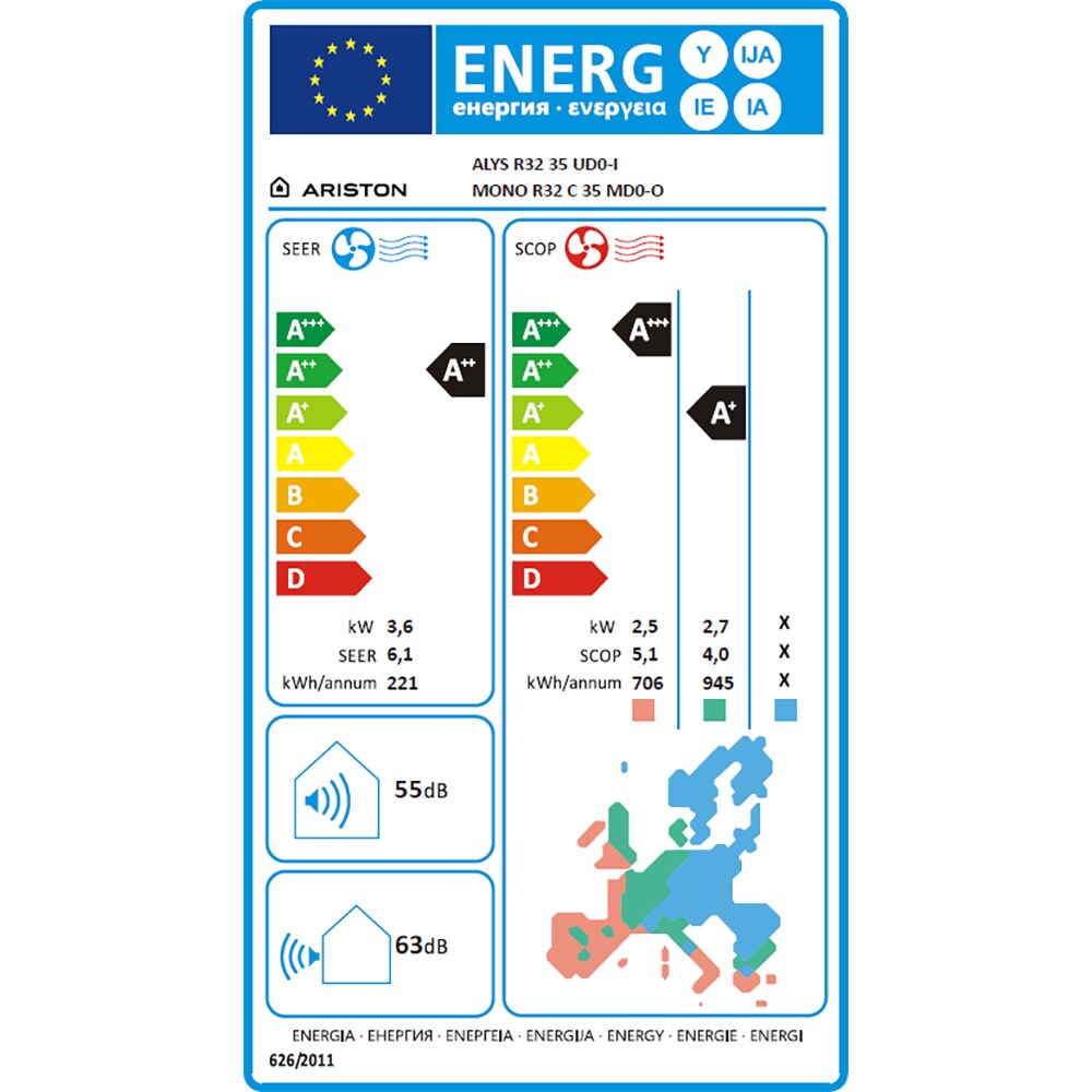 Aer Conditionat ARISTON Alys 35, 12000 BTU, A++/A+, Functie Incalzire, Inverter, Dezumidificare, alb