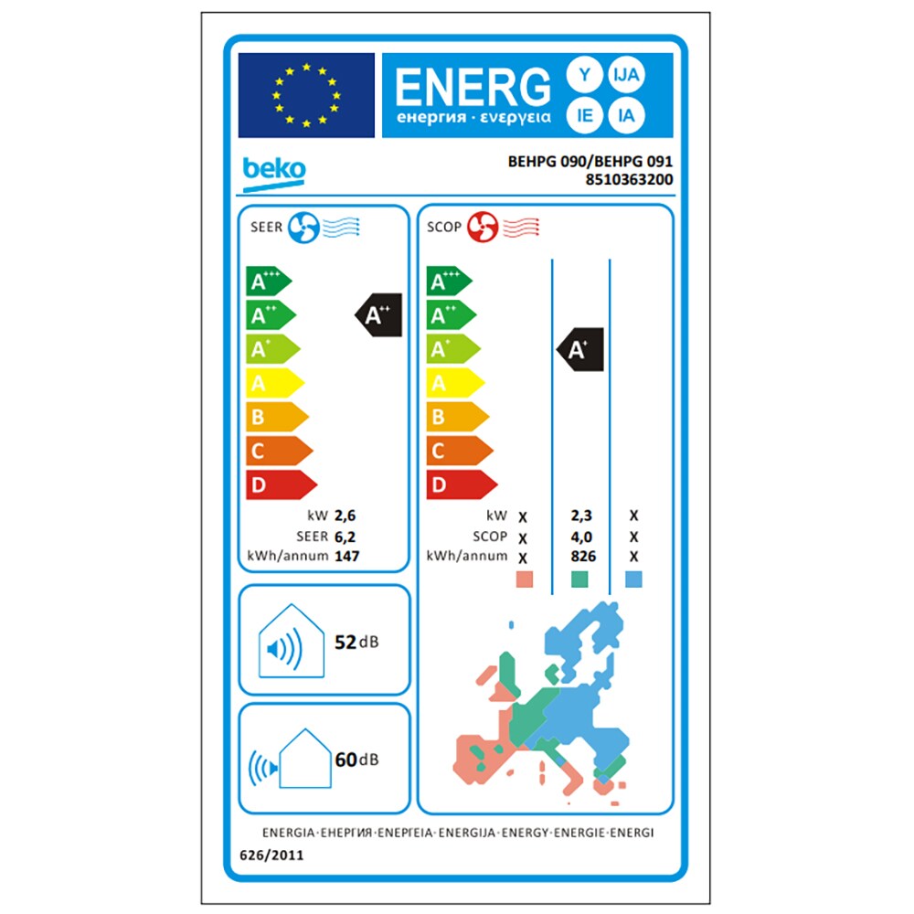 Aer conditionat BEKO BEHPG090, 9000 BTU, A++/A+, Wi-Fi, Functie Incalzire, Inverter, kit instalare inclus, alb