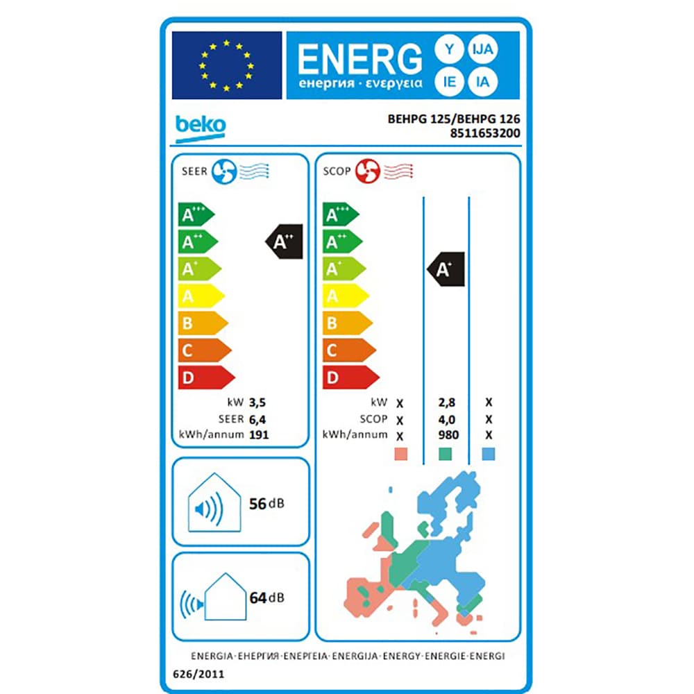 Aer conditionat BEKO BEHPG125, 12000 BTU, A++/A+, Wi-Fi, Functie Incalzire, Inverter, kit instalare inclus, alb