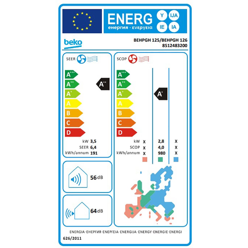 Aer conditionat BEKO BEHPGH125,12000 BTU, A++/A+, Wi-Fi, Functie Incalzire, Inverter, kit instalare inclus, alb