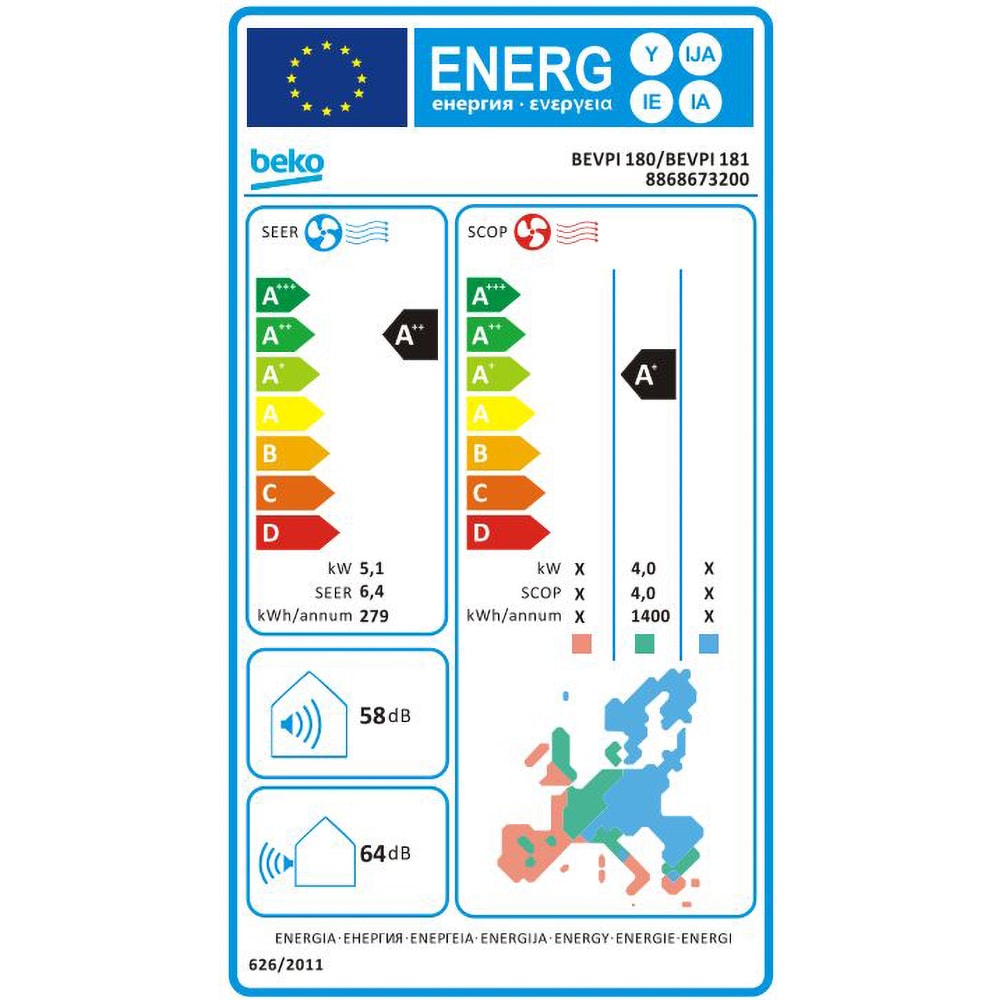Aer conditionat BEKO BEVPI180, 18000 BTU, A++/A+, Inverter, Functie Incalzire, kit instalare inclus, alb
