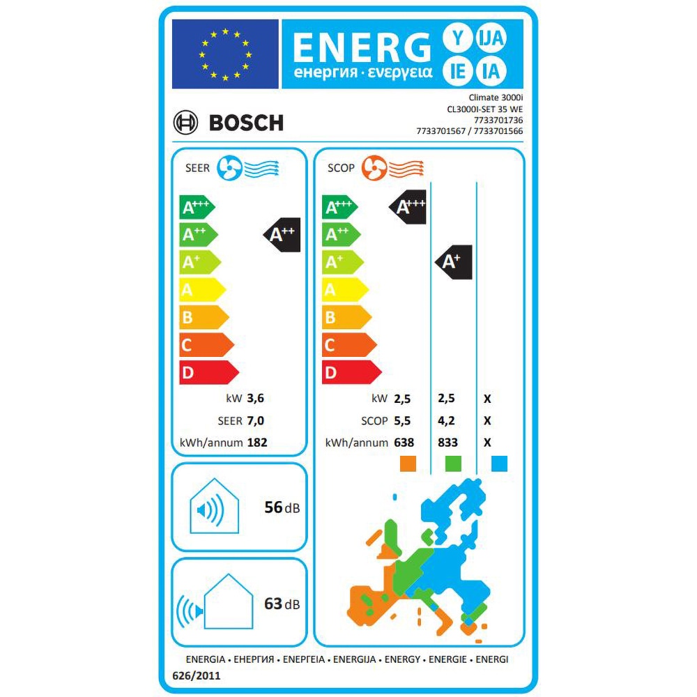 Aer conditionat BOSCH Climate 3000i, 12000 BTU, A++/A+, Wi-Fi, Functie Incalzire, Inverter, Afisaj, alb