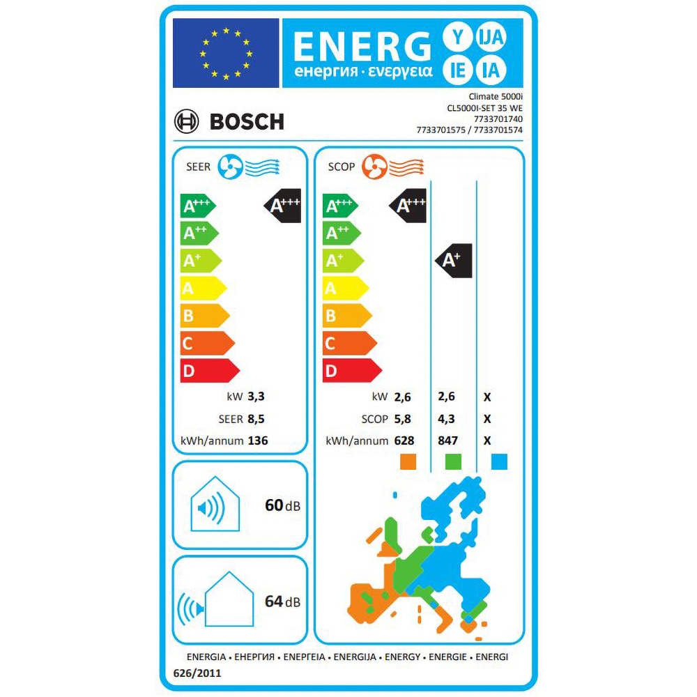 Aer conditionat BOSCH Climate 5000i, 12000 BTU, A+++/A+, Functie Incalzire, Inverter, Ionizare, alb