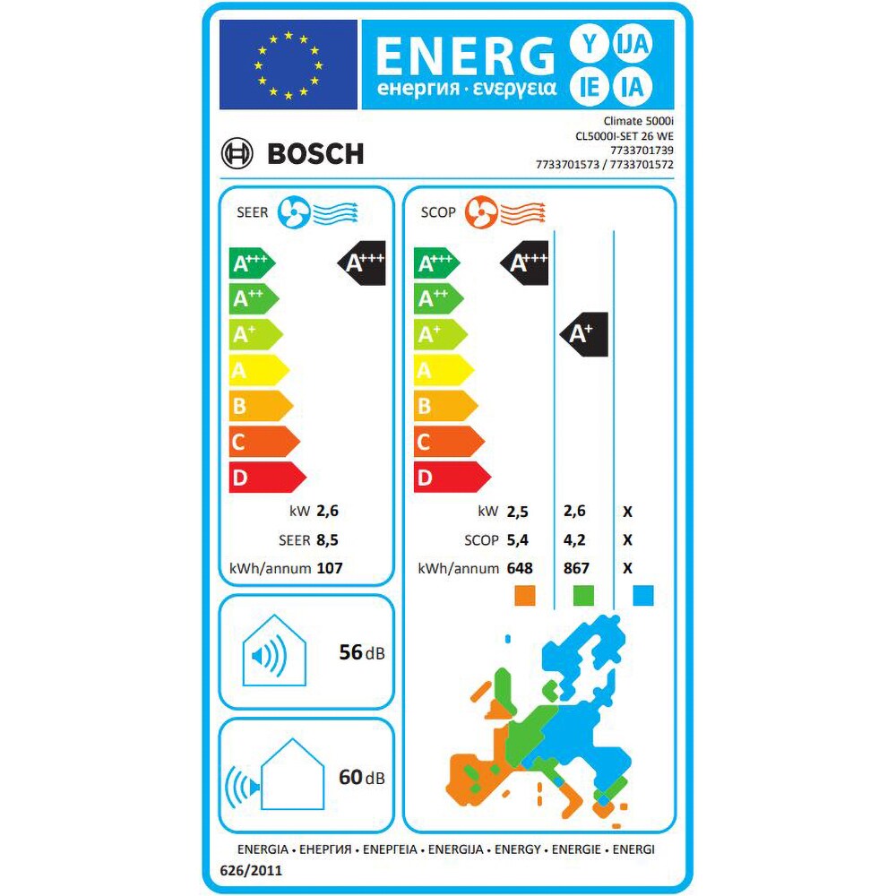 Aer conditionat BOSCH Climate 5000i, 9000 BTU, A+++/A+, Functie Incalzire, Inverter, Ionizare, alb