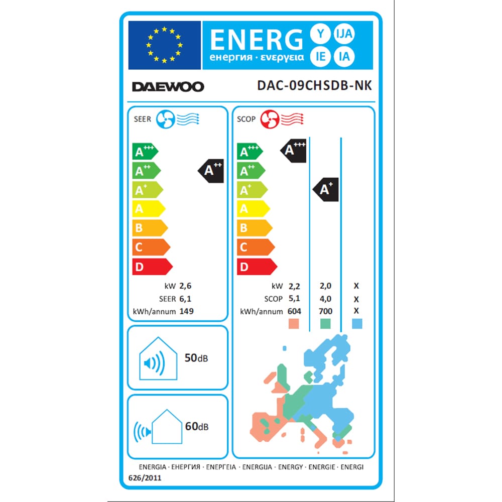 Aer conditionat DAEWOO DAC-09CHSDB-NK, A++/A+++, 9000BTU, Wi-Fi, Functie Incalzire, Inverter, Afisaj, negru