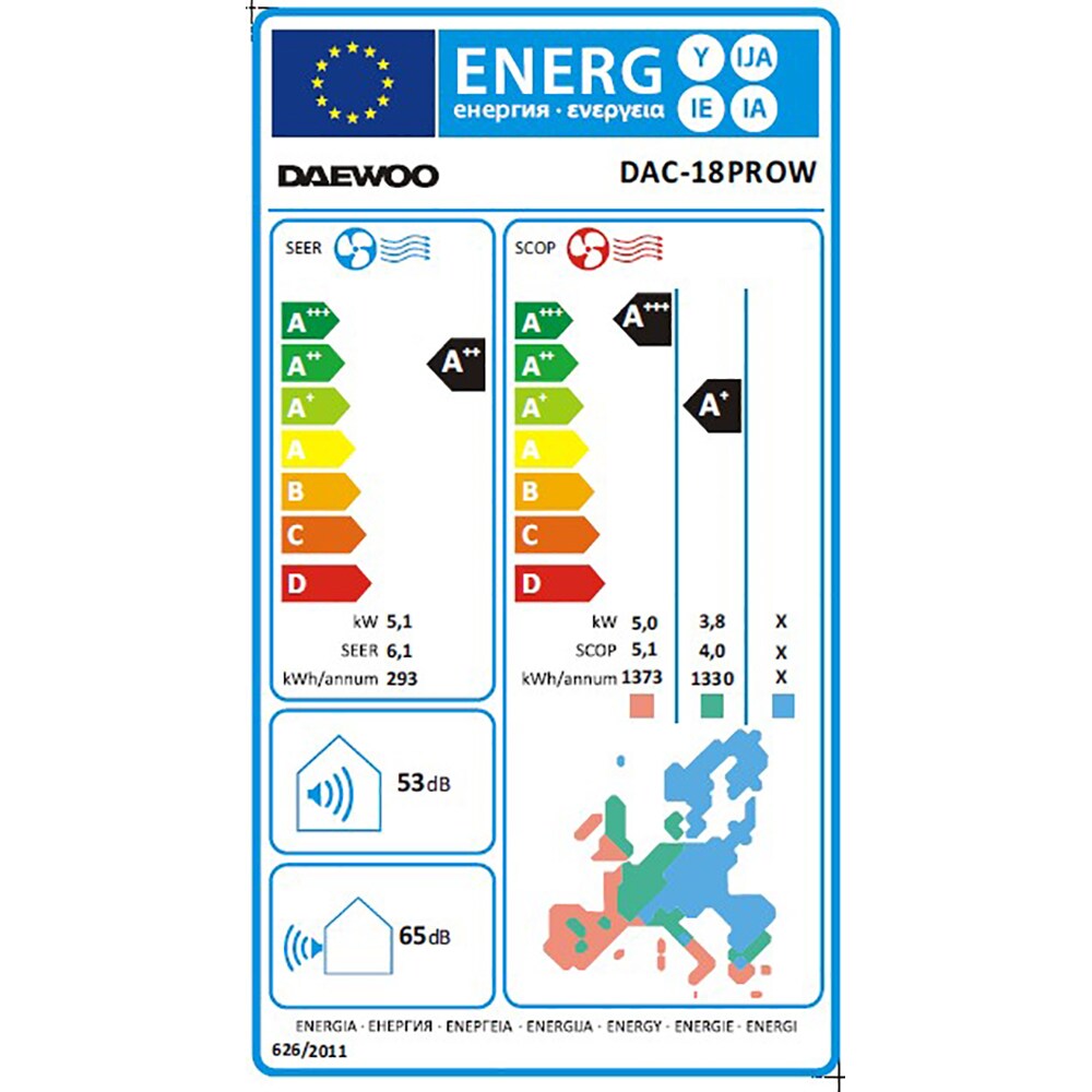 Aer conditionat DAEWOO DAC-18PROW, A++/A+++, 18000BTU, Wi-Fi, Functie Incalzire, Inverter, Afisaj, kit instalare inclus, alb