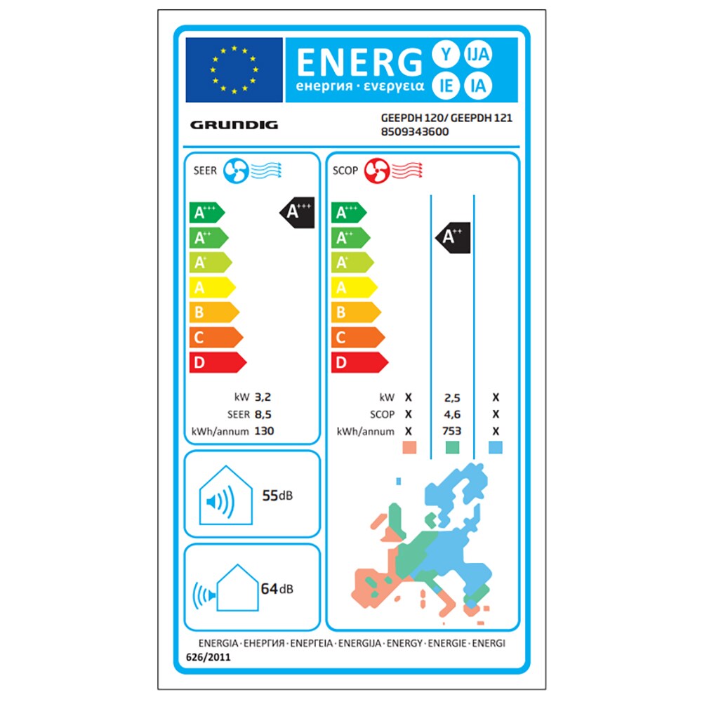 Aer conditionat GRUNDIG GEEPDH120, 12000 BTU, A+++/A++, Wi-Fi, Functie Incalzire, Inverter, kit instalare inclus, argintiu