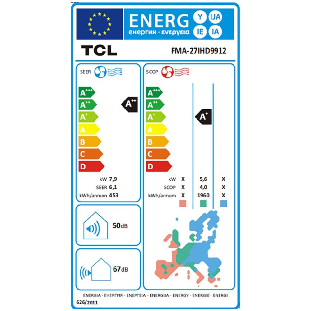 Sistem aer conditionat pentru 3 incaperi TCL FMA-27I3HD9912, 9000/9000/12000BTU, A++/A+, Wi-Fi, Inverter, Unitate externa 27000BTU, alb