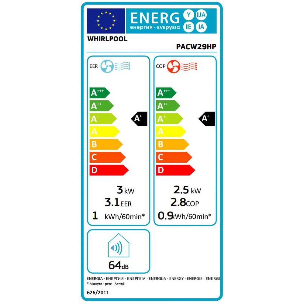 Aer conditionat portabil WHIRLPOOL PACW29HP, 9000BTU, A+, Incalzire, kit instalare inclus, alb-gri