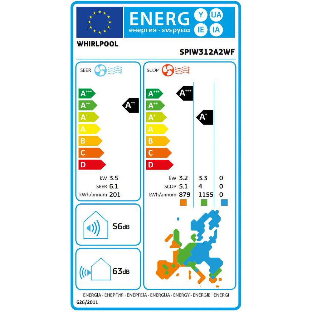 Aer conditionat WHIRLPOOL SPIW312A2WF, 12000 BTU/h, A++/A+, Functie Incalzire, Inverter , Wi-Fi, alb