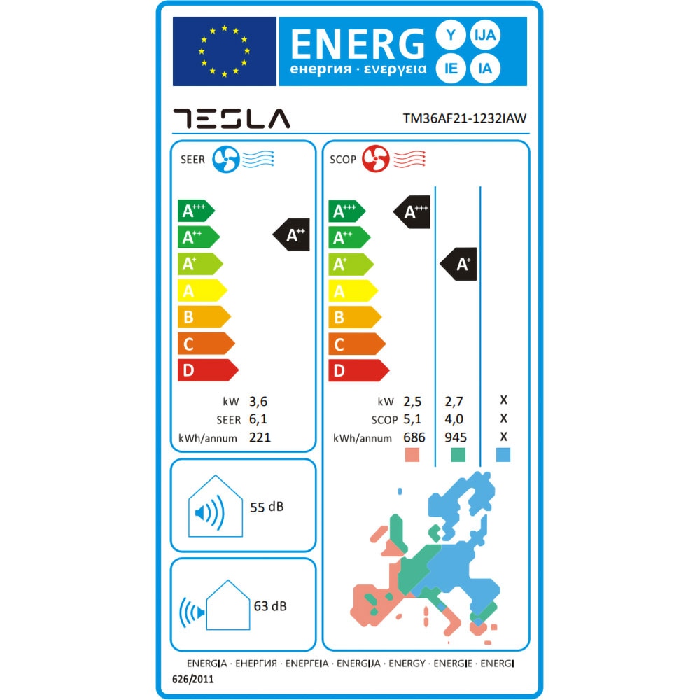 Aer conditionat TESLA TM36AF21-1232IAW, 12000 BTU, A++/A+, Functie Incalzire, Inverter, Wi-Fi, alb