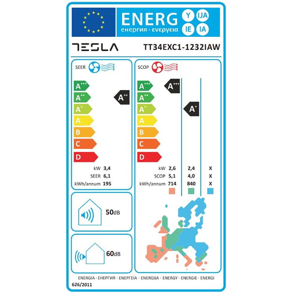 Aer conditionat TESLA Ambient TT34EXC1, 12000 BTU, A++/A+, Wi-Fi, Functie Incalzire, Inverter, alb