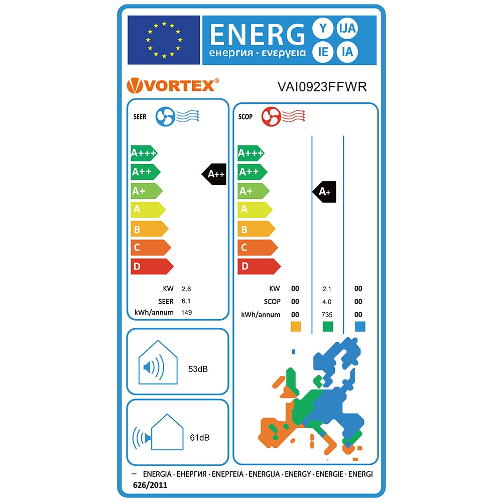 Aer conditionat VORTEX VAI0923FFWR, 9000 BTU, A++/A+, Inverter, Functie Incalzire, kit instalare inclus, alb