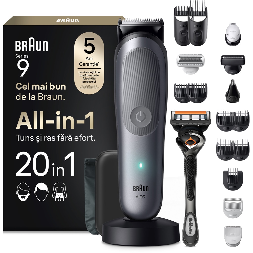 Aparat de tuns 20 in 1 BRAUN Seria 9 AIO9500, acumulator, 120 min autonomie, gri