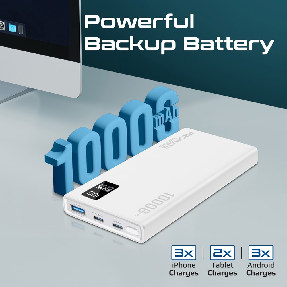 Baterie externa PROMATE Bolt-10PD, 10000mAh, 2xUSB-C, 1xUSB-A, alb